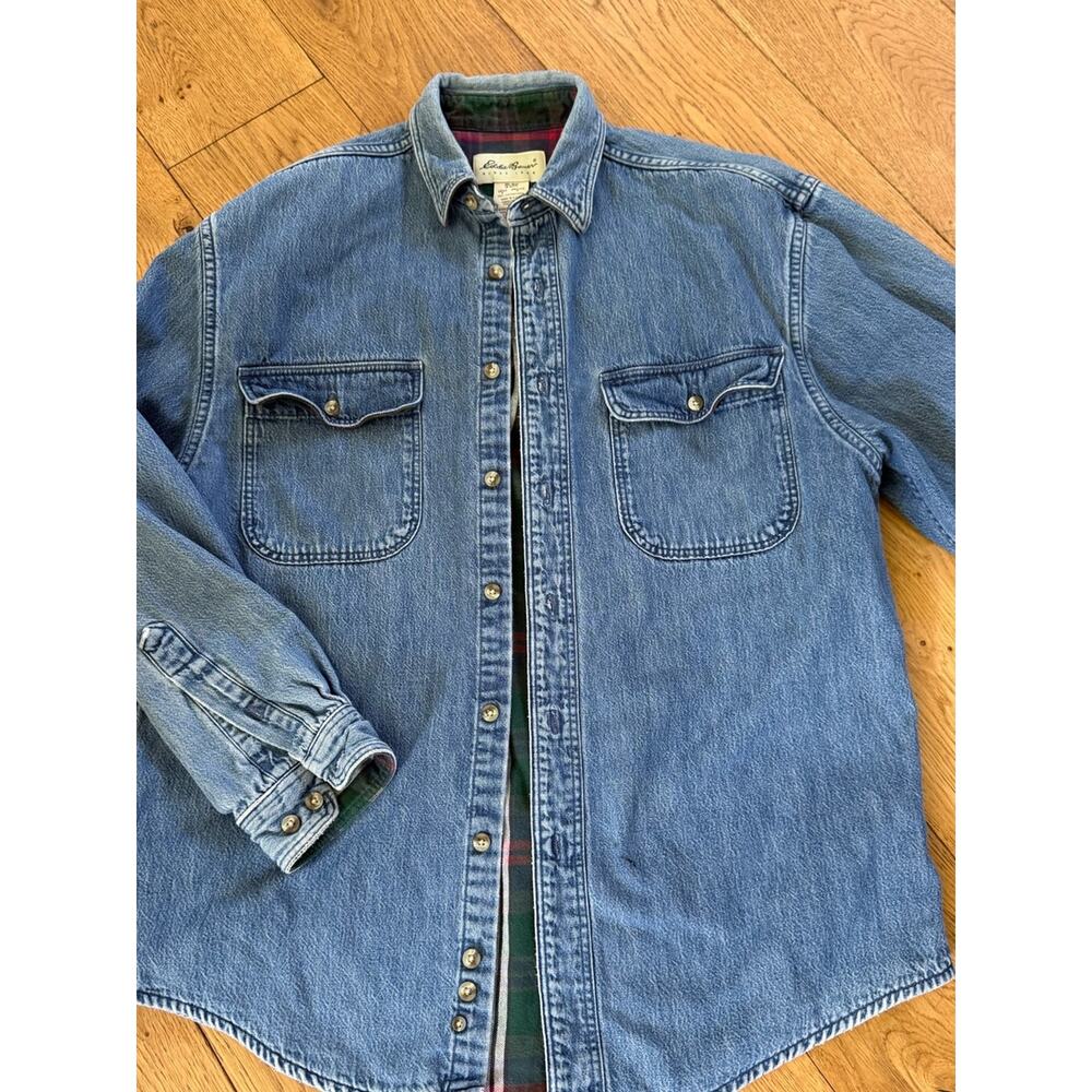 Vintage Eddie Bauer USA Denim Chamois Flannel Lined Shirt Jacket Men’s Small - Picture 2 of 14